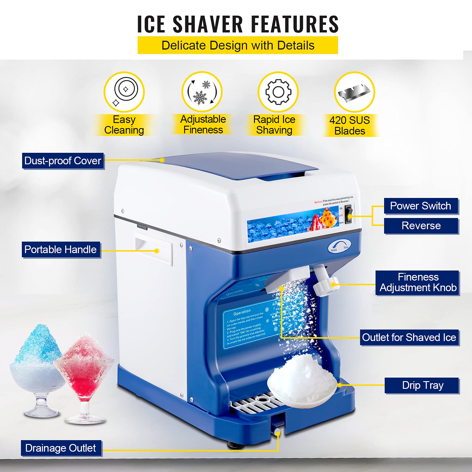VEVOR 110V Electric Shaved Ice Machine 500W Snow Cone Maker Tabletop w/Adjustable Ice Texture, Ice Shaving Machine 265LBs/hr for Home and Commerical Use