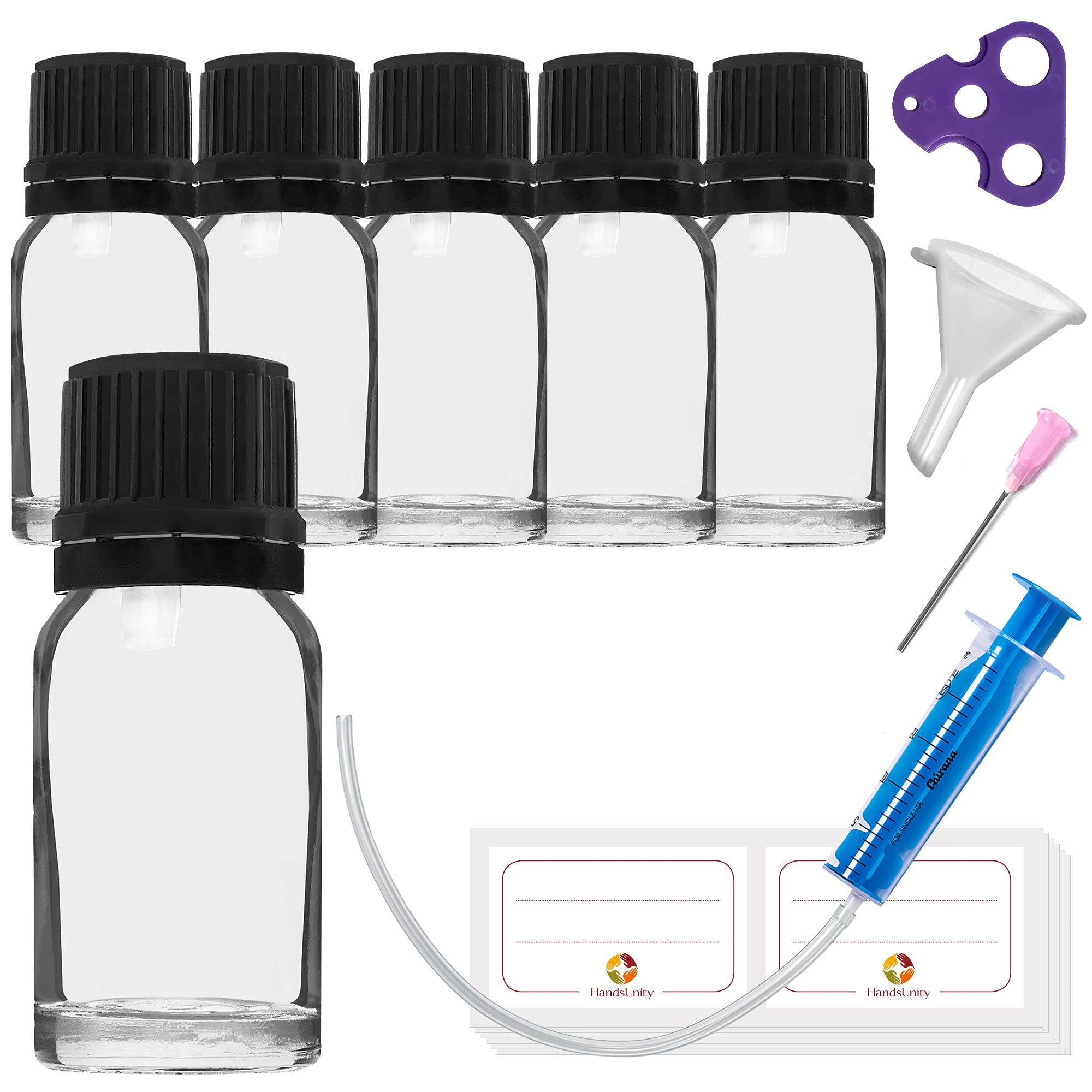 HandsUnity 10ml-6pcs of Dropper Insert Bottle - Small Clear Glass Bottle Apothecary Glass set with Black Dropper Insert Cap made of Transparent Glass set including 18 auxiliary Accessories