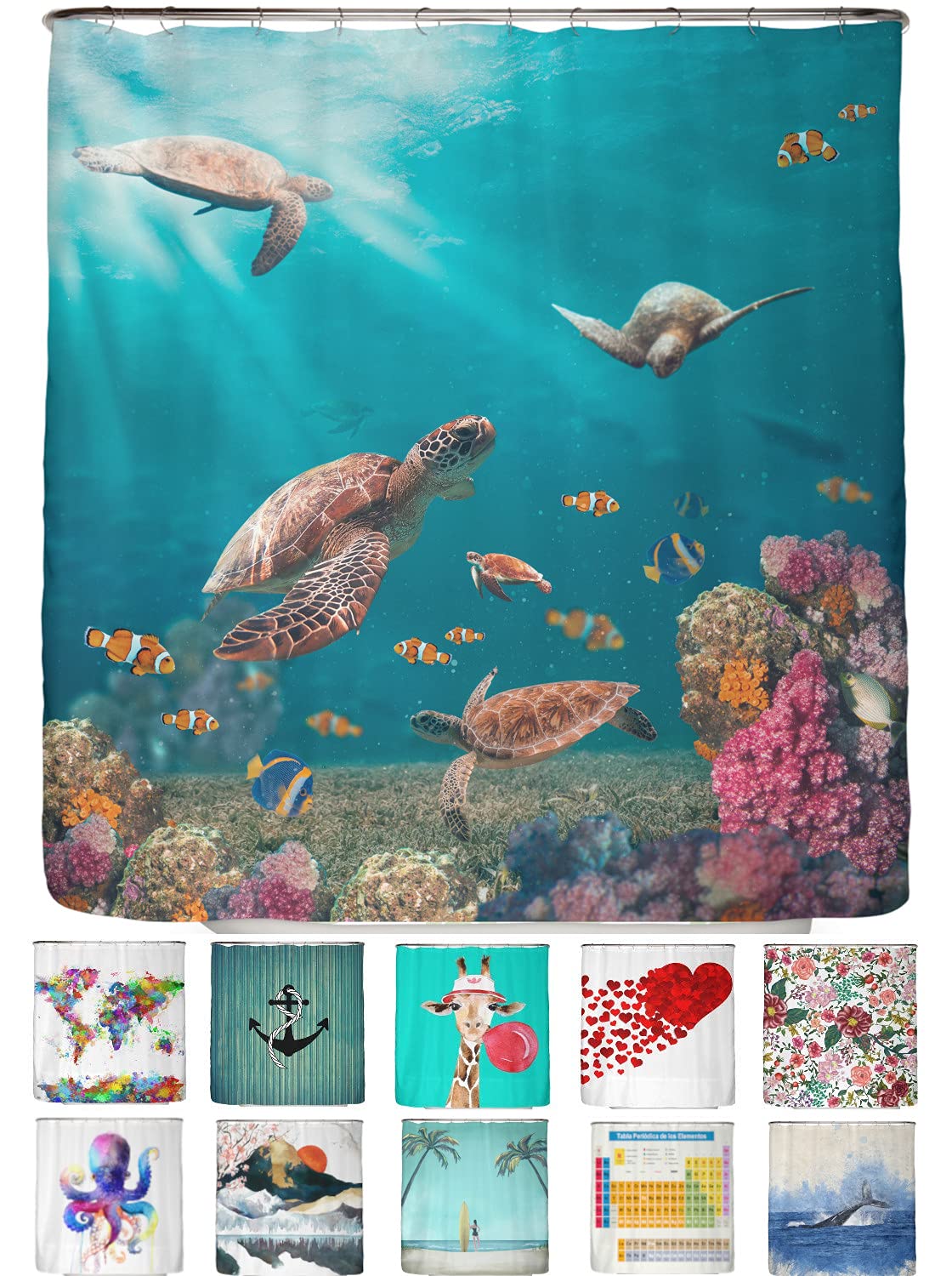 arteneur® - Sea turtles - anti-mould shower curtain 180 x 200 cm - recycled with Öko-Tex Standard 100 - weighted hem, opaque, waterproof, washable, 12 rings & e-book (English language not guaranteed) — image 1