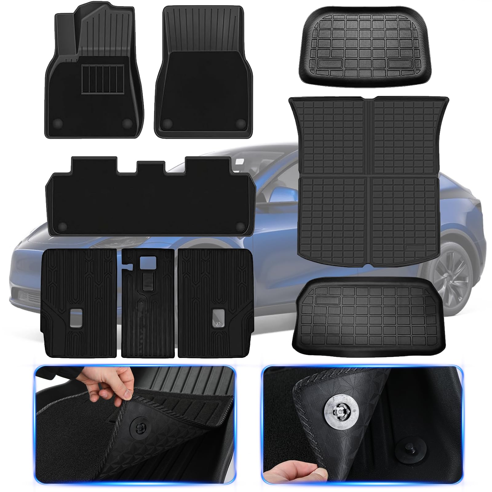 Photo 1 of doietc 7Pcs Floor Mats with Carpet for Model Y 2024-2019 TPE Cargo Trunk Mats, Second Row Seats Back Cover and Cargo Liner Floor Mats All Weather Available for 5-Seat Model, 30.3*24.4*8.8