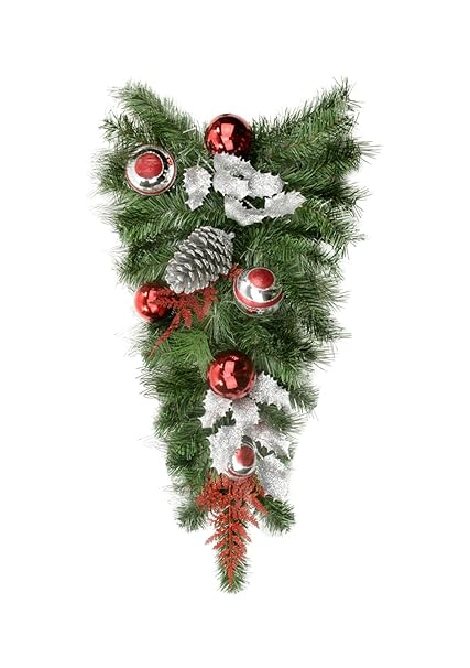 24 Pre-Decorated Red and Silver Holly, Ball and Pine Cone Artificial Christmas Teardrop Swag - Unlit