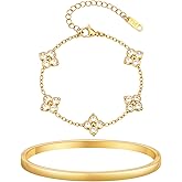 KSF Womens Gold Floral Bracelet Stack - 18K Gold Plated Stackable Bracelets Bangles Jewelry Set, Stainless Steel Non Tarnish Lucky Four Leaf Cubic Zirconia Bracelets, Trendy Birthday Gifts for Women