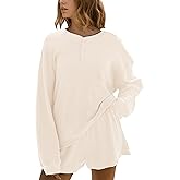 MISSACTIVER Waffle Knit Lounge Sets for Women Long Sleeve Oversized Sweatshirt Elastic Waist Shorts Fall 2 Piece Matching Set