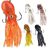 Beoccudo Octopus Swimbait Squid Jig Soft Fishing Lure with Skirt Tail, 5pcs | 3D Realistic Squid Bait, TPE Lingcod Rockfish Jigs for Saltwater Ocean Fishing