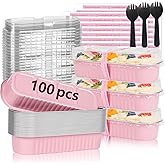 YQER 100 Pack Mini Loaf Pans with Lids and Spoons Sealing Sticker, 6.8oz Mini Cake Pans for Baking, Disposable Aluminum Foil Loaf Pans, Pink Loaf Baking Pans, Small Cake Containers With Lids