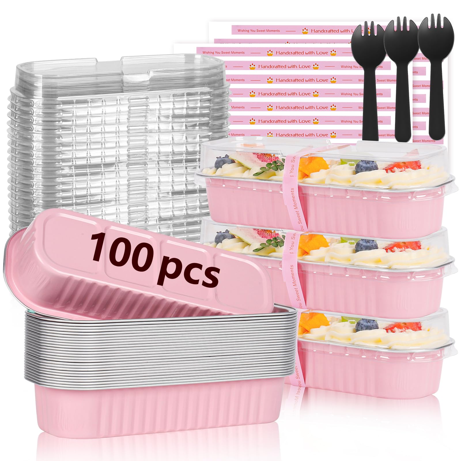 Photo 1 of YQER 100 Pack Mini Loaf Pans with Lids and Spoons Sealing Sticker, 6.8oz Mini Cake Pans for Baking, Disposable Aluminum Foil Loaf Pans, Pink Loaf Baking Pans, Small Cake Containers With Lids
