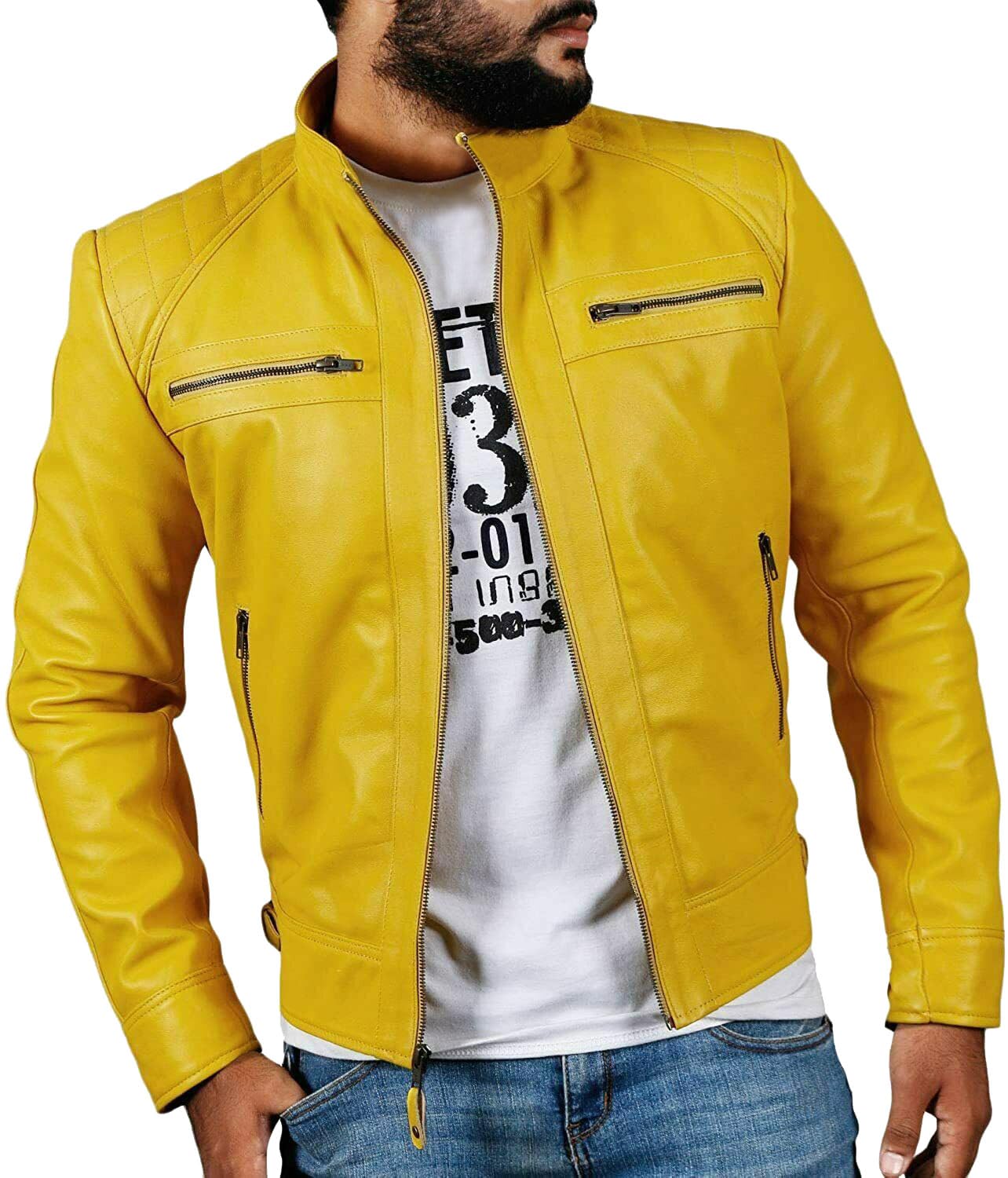 Photo 1 of Real Lambskin Leather Biker Jacket - Quilted Cafe Racer Zip Up Moto Jackets Men Moto Jacket Men for Bikers (US, Alpha, Large, Regular, Regular, Yellow)