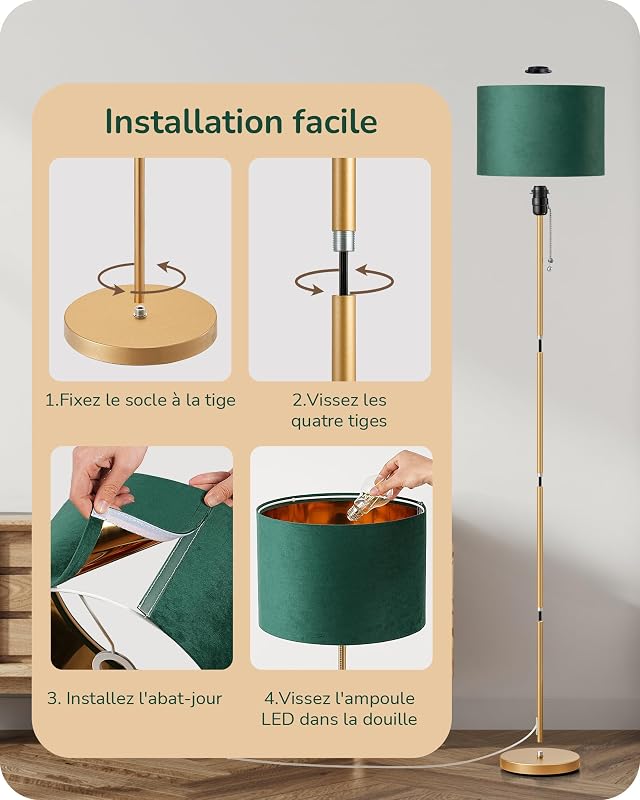 Lampadaire Salon, Abat-Jour en Velours, Vert & Doré