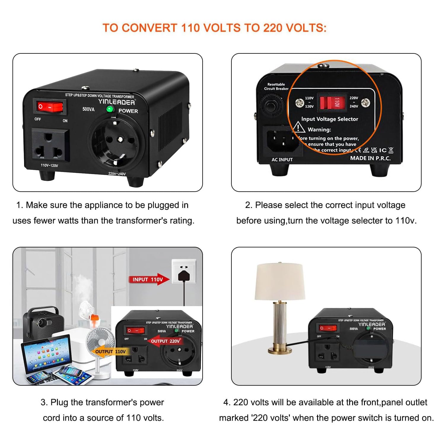 Yinleader 110v to 220v European Voltage Converter Transformer 500W Step Up Converter 110/120 Volt to 220/230/240 Volt or Step Down 220 to 110 w/US Power Cord,Circuit Breaker Protection