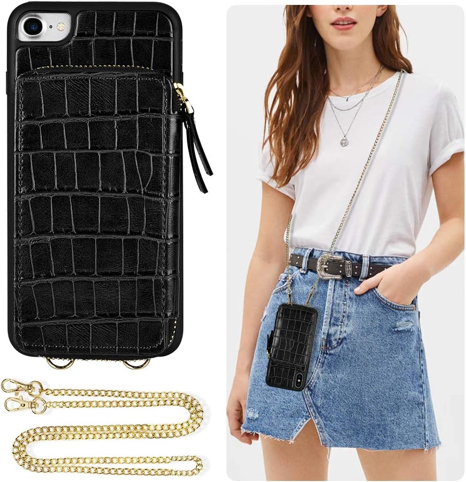 iPhone SE 2020 Wallet Case, ZVE iPhone 8/7 Case with Credit Card Holder Crossbody Chain Zipper Case Bumper Cover Compatible with iPhone 7/8/SE 2020,4.7 inch - Crocodile Grain Black