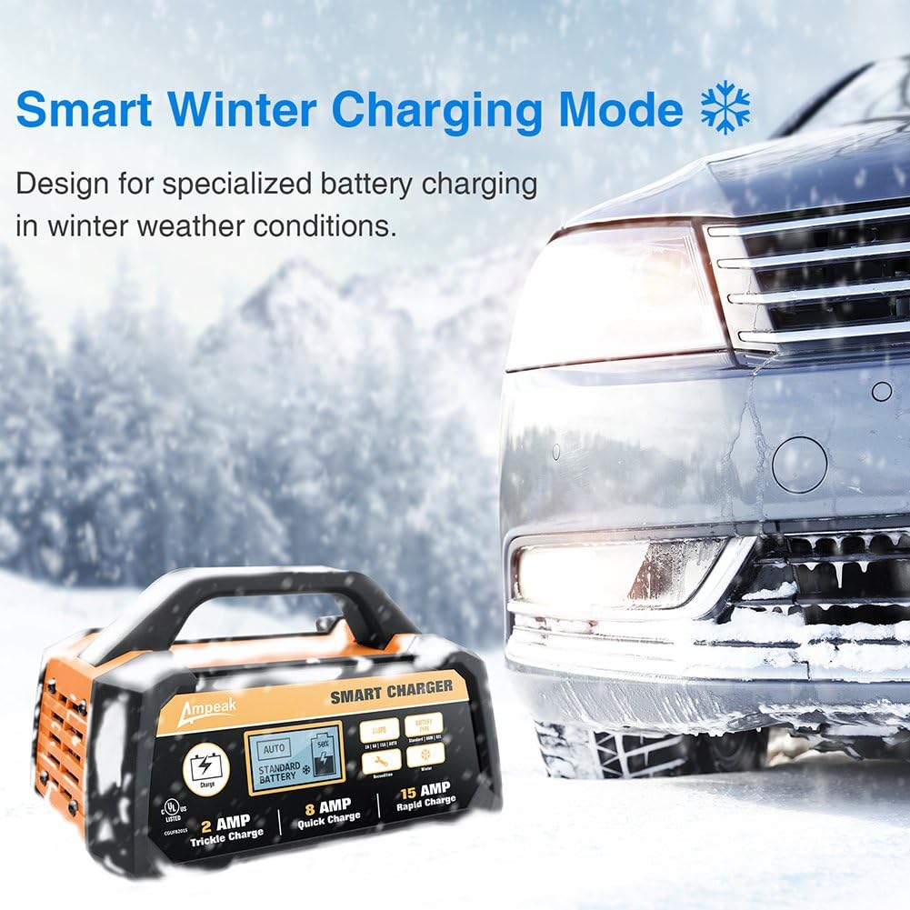 Ampeak 2/8/15A 12V Smart Battery Charger/Maintainer Automatic with Winter Mode: Automotive