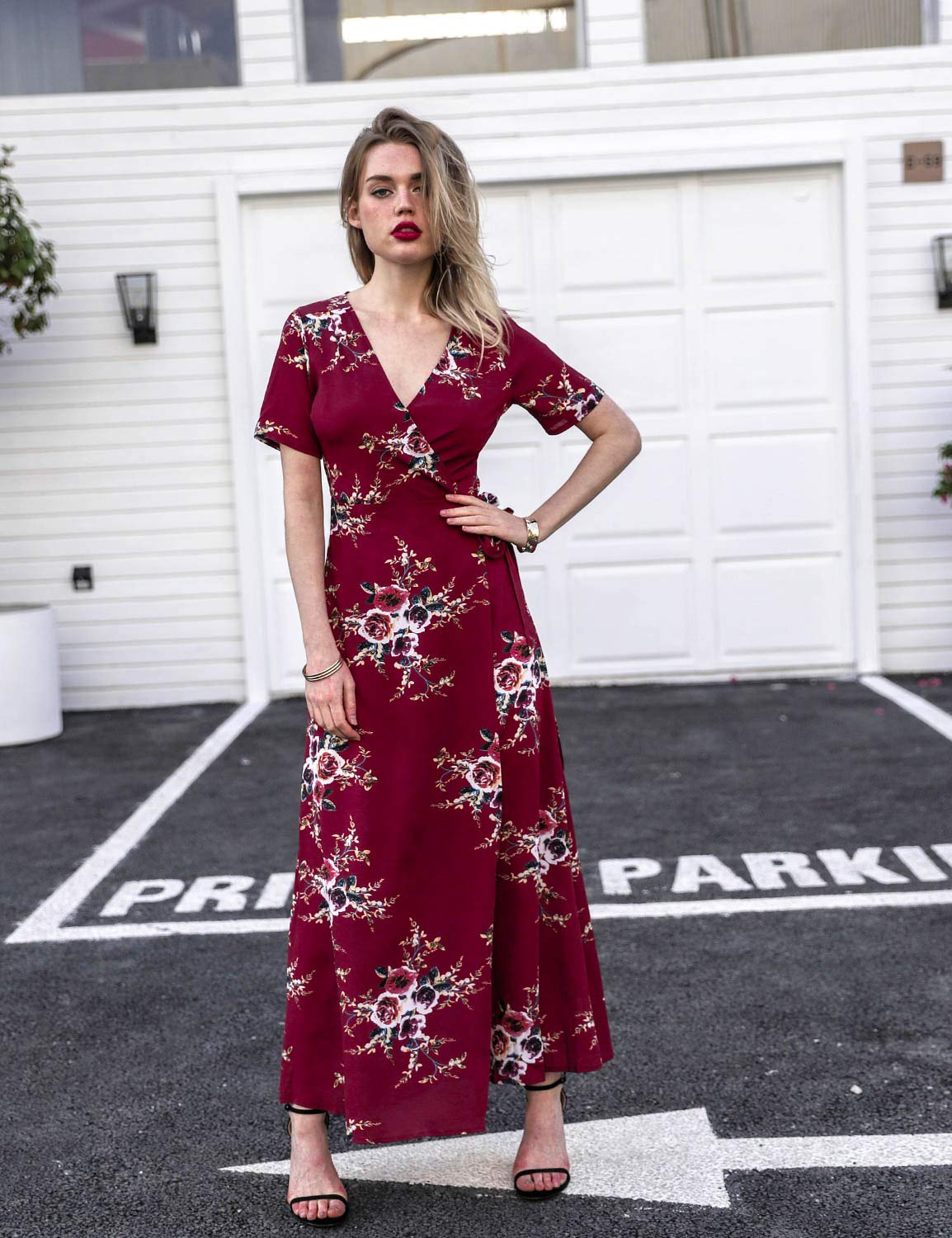 Blooming Jelly Ladies Wrap Dress V Neck Floral Summer Maxi Dresses for Women with Belted Red,M