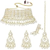 Aheli Gold Plated Kundan & Beads Studded Ethnic Choker Necklace Chandbali Earrings Maangtikka Set Traditional Fancy Jewellery Gift for Women