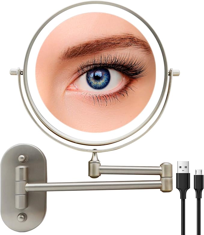 Rechargeable Lighted Makeup Mirror Wall Mount, Extendable Double Sided