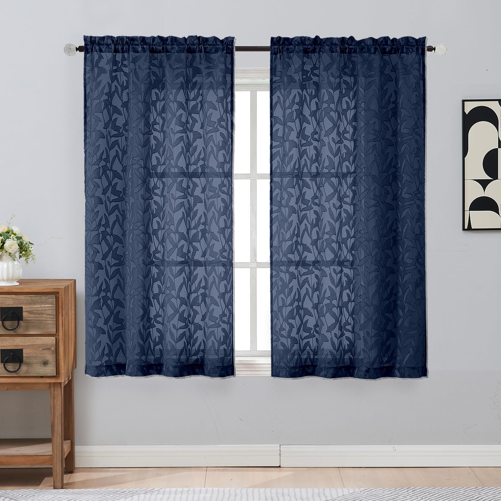 Photo 1 of Gwine Navy Blue Sheer Curtain 54 Inch Length for Living Room 2 Panels Set, Light Filtering Leaf Jacquard Clip Textured Curtains for Bedroom, Soft Airy Farmhouse Rod Pocket Window Curtain, 42" Wx54 L