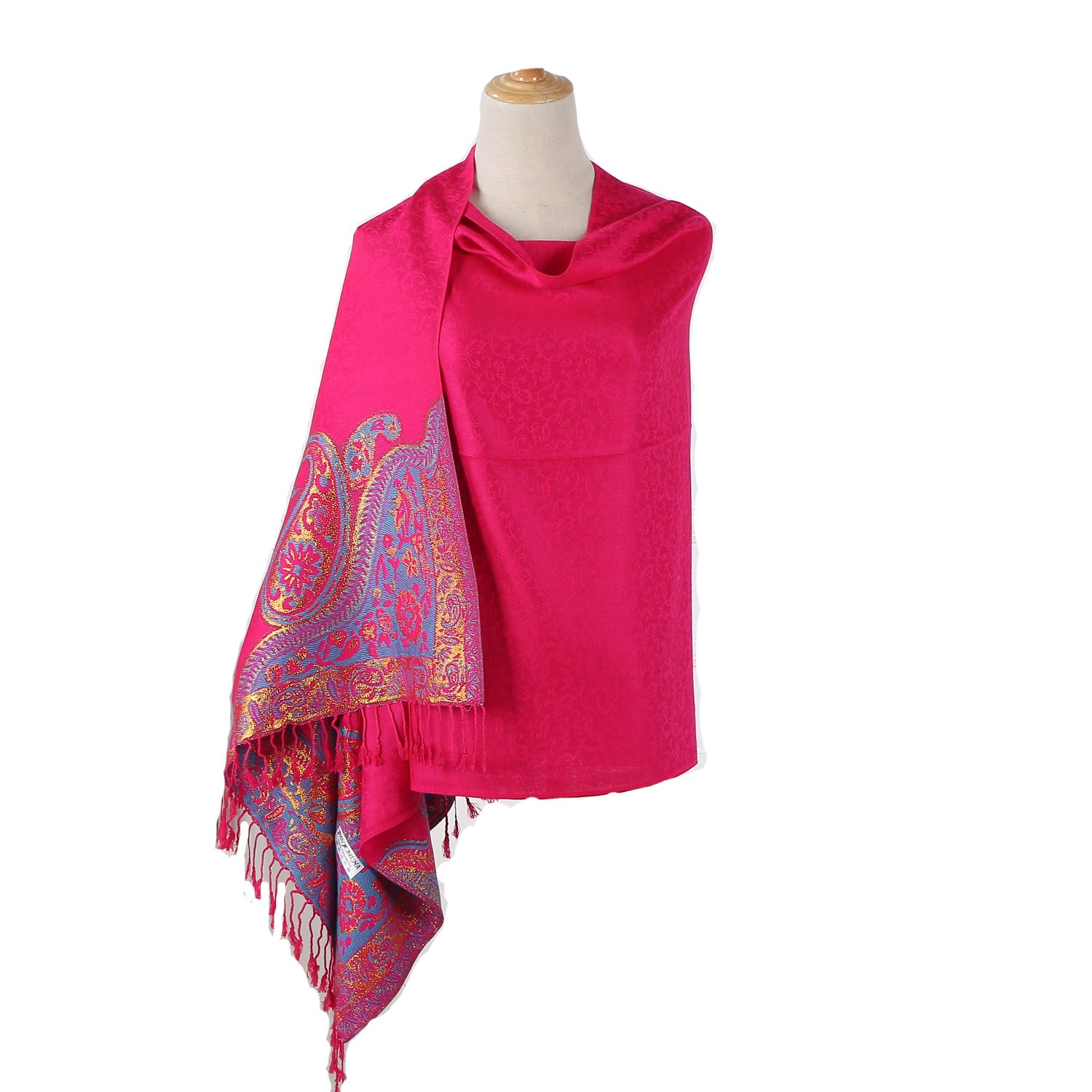 Women Paisley Pashmina Shawl – Soft Cotton Flax Tassel Scarf with Embroidery – Sun proof Beach Head Scarf and Wraps (rose red)