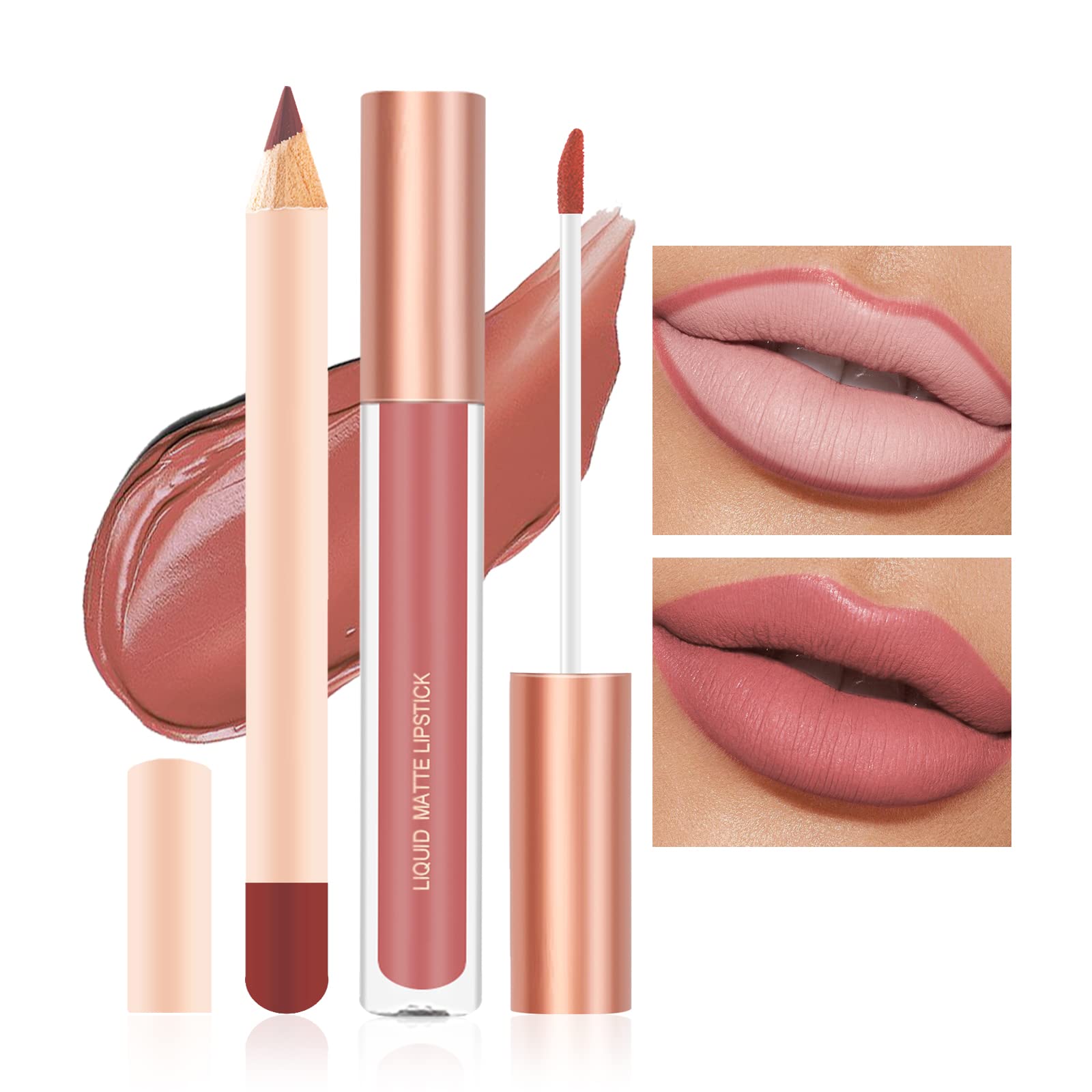Prreal 2Pcs Lip Liner and Lipstick Makeup Set, Matte Liquid Lipstick + Matching Lip Liner, Nude Velvety Lipstick Makeup Kit, Waterproof Long Lasting labiales mate 24 horas originales (09)