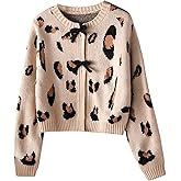 WDIRARA Girl's Leopard Print Sweater Cardigan Cute Bow Long Sleeve Crewneck Button Knit Cardigans