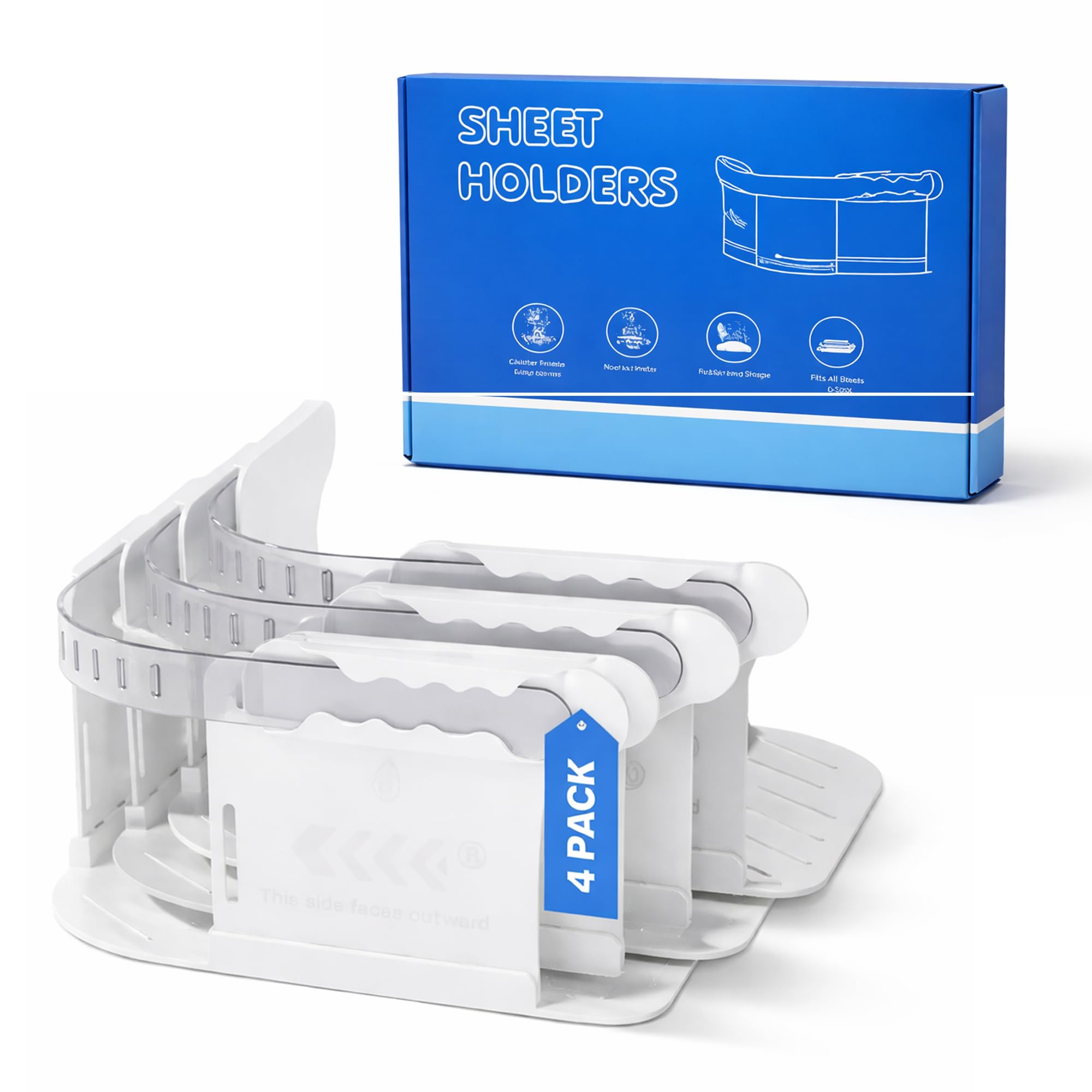 Photo 1 of Bed Sheet Holders for Corners, Heavy Duty No-Slip Sheet locks Straps with Clips, Keep Sheets Firm & Tight, Easy Install Fitted Sheet Holders Fasteners for Twin, Queen, King, RV & Kids Beds (Set of 4)