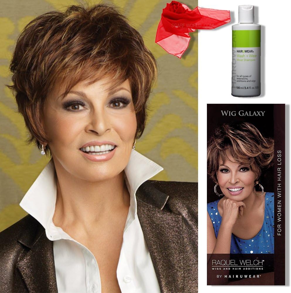 4 Item Bundle: Sparkle Wig by Raquel Welch, Hairuwear Synthetic Shampoo, Chiffon Scarf, Hairuwear Hairloss Booklet (Glazed Hazelnut (R829S+))