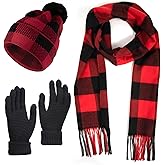 Cosweet Scarf and Gloves Set - Winter Knitted Warm Set, Plaid Scarf Winter Gloves Knitted Hat with Pompom Flurry Ball for Women Men Outdoor Sports Running Skiing Cycling Yoga Christmas Gift