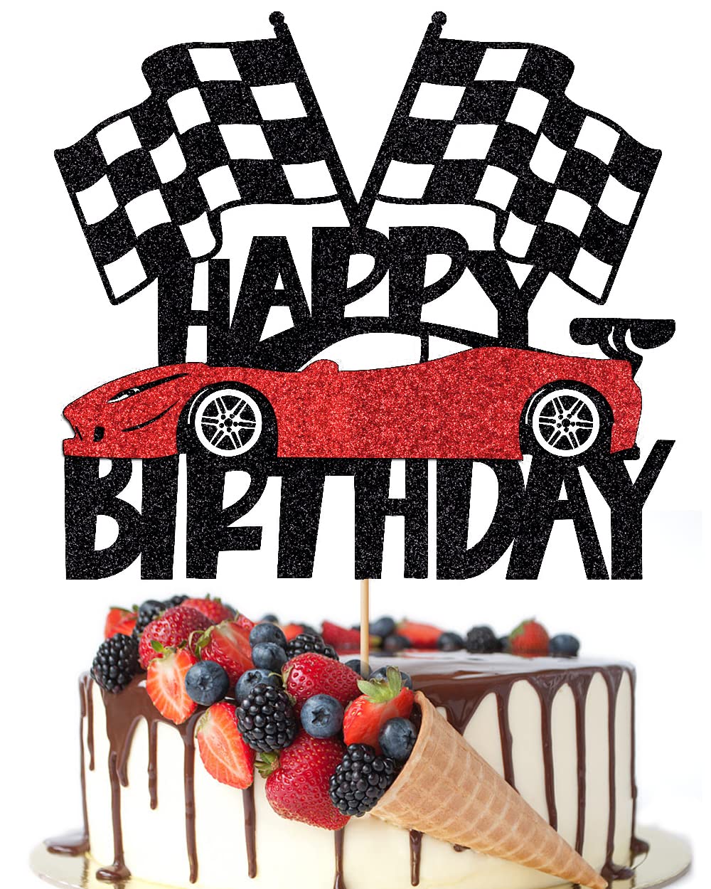 Photo 1 of Crseniny Happy Birthday Cake Topper?Race Car Cake Topper, Birthday Sign Transportation Theme Party cake Decorations,Racing Car Checkered Flag Themed Kids Boy Girl Birthday Party Decoration supplies
