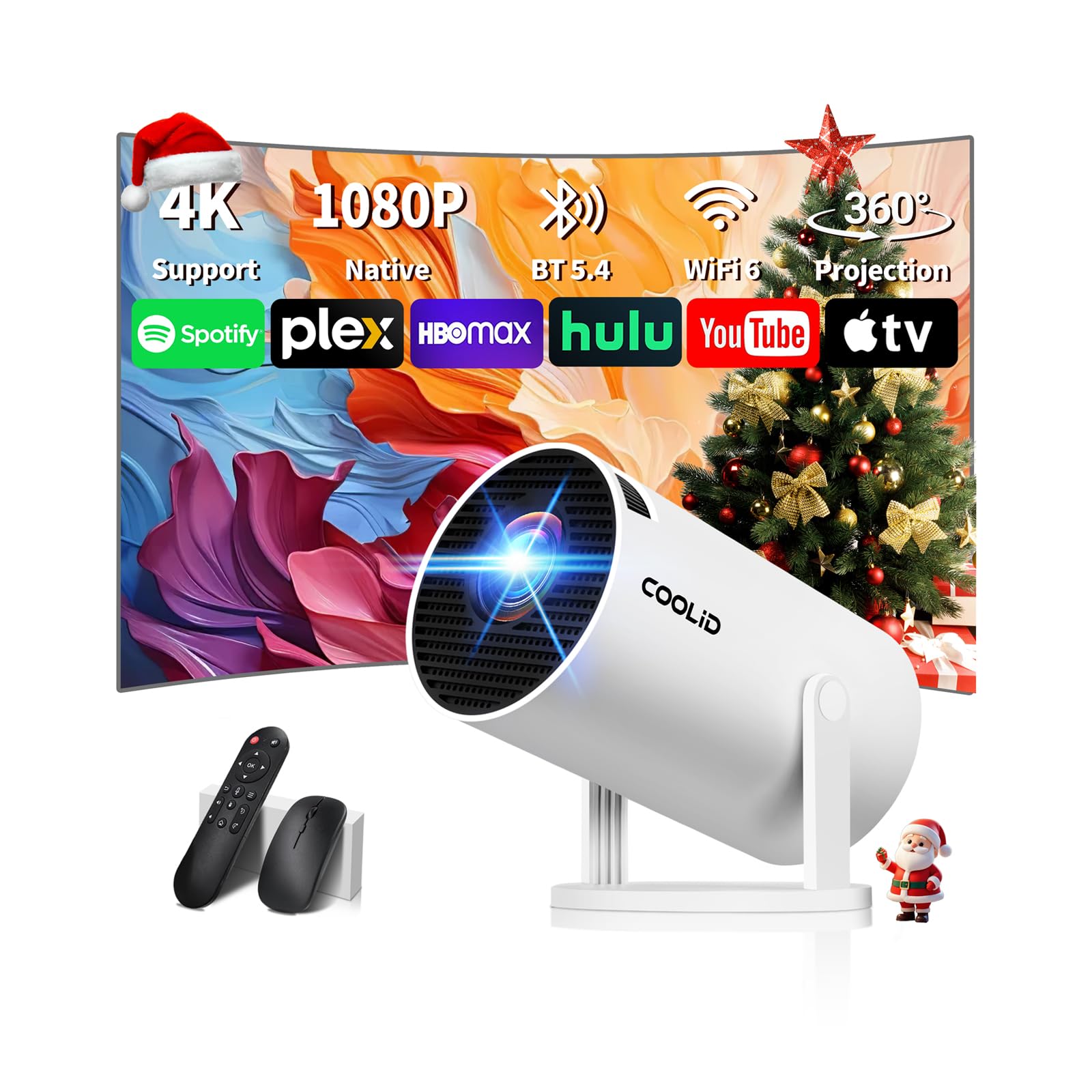 Photo 1 of [Built-in Apps & 2025 Upgraded] Mini Projector Support 4K 1080P Auto Keystone 270° Rotatable with WiFi 6 and Bluetooth 5.4, Projector Portable Compatibile with HDMI/TV Stick/Memory Stick/Laptop-White