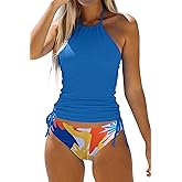 Women's Bathing Suit Solid Color Drawstring Side Halter Neck Tankini Set, Solid Black, S