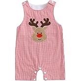 AUJUBUY My First Christmas Baby Boy Outfit Newborn Plaid Santa Overalls Jumpsuit Smocked Romper Fall Christmas Clothes