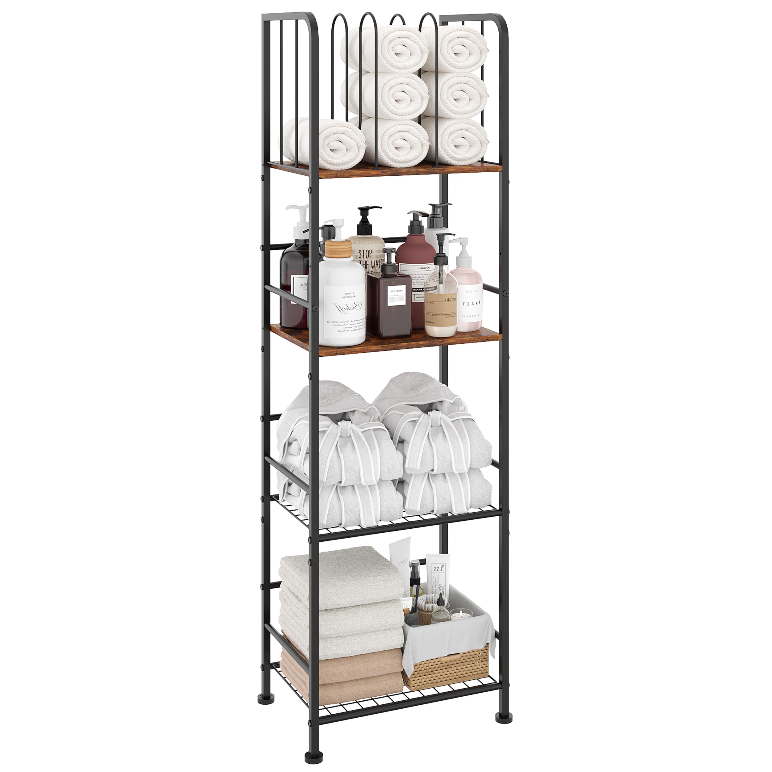 Photo 1 of Towel Rack Free Standing 4-Tier M-Shaped Detachable Dividers, Durable Metal Towel Holder, Pool Items Holder, Space-Saving Storage Organizer, Modern Bath Towel Shelf for Bathroom Patent Pending