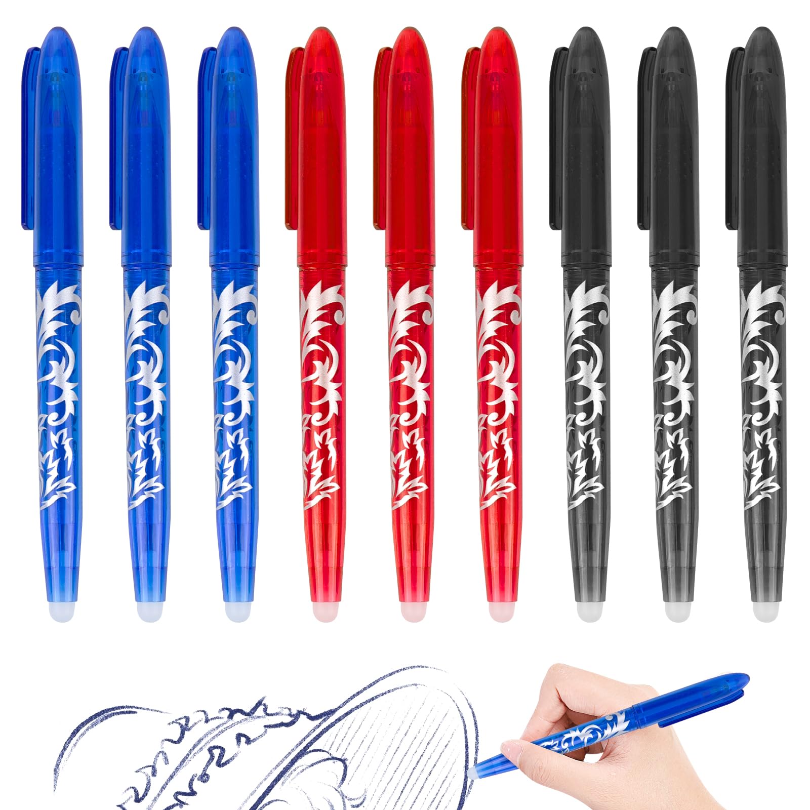 RUCUDIM Erasable Ballpoint, Gel, 9 Rollerball Pens, Friction Pens - 0.5 mm, Blue/Black/Red for School & Office Supplies