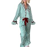 Faretumiya Cute Christmas Pajamas Women Bow Tie Long Sleeve Shirt Pants Pj Set Xmas Graphic Print 2 Piece Satin Sleepwear