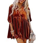 EZAPINE Womens Velvet Dress Button Down T Shirt 3/4 Sleeve Tunic Dresses Casual Babydoll Mini Dress