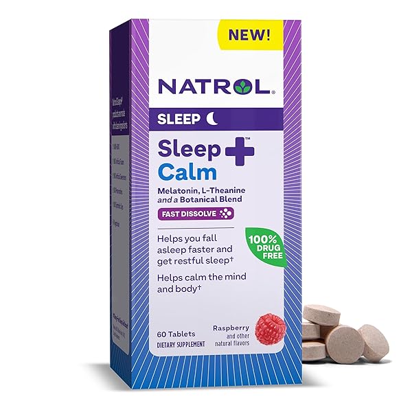NATROL SLEEP + CALM MELATONIN 6MG WITH L-THEANINE 50MG AND A BOTANICAL BLEND, DIETARY SUPPLEMENT FOR RESTFUL SLEEP AND A CALM MIND AND BODY, 60 RASPBERRY-FLAVORED FAST DISSOLVE TABLETS, 60 DAY SUPPLY