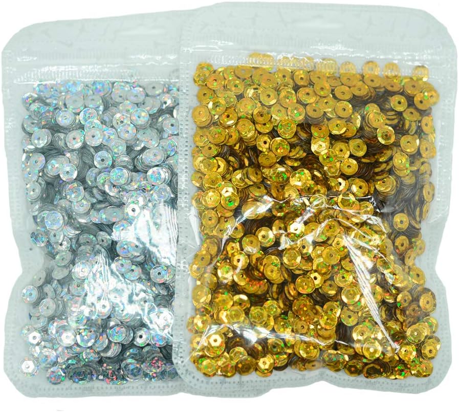 8500pcs Christmas Decorations Glitter Cup Sequins Golden Silver Laser 6mm Paillette Spangles Iridescent Confetti for Festival Parties, Wedding Bridal Embellishment Embroidery Sewing Projects