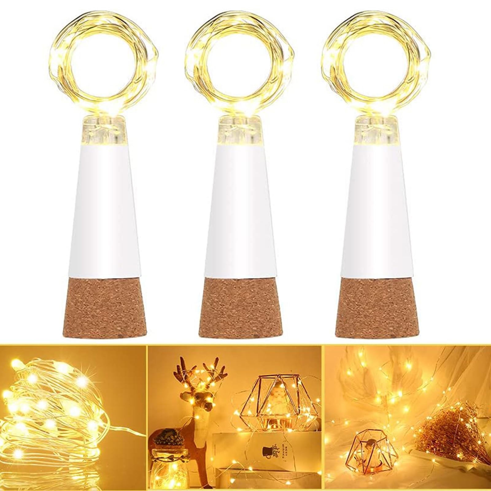 Dumcuw Cork Bottle Lights, USB Rechargeable Fairy Lights for Wine Bottles, Waterproof Copper Wire String Light 59 Inch 15 LED for DIY Party Wedding Christmas Decor(Warm White, 3 Pack)