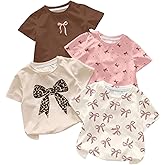 WDIRARA Toddler Girl's 4 Pack Bow Print Tee Crew Neck Short Sleeve T Shirts Cute Tops