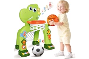AuroTops Toddler Basketball Hoop & Soccer Goal Toy,Dinosaur Toys with Light & Music,Musical Toys for 1 Year Old Boy Girl Learning Toy for Toddlers 1-3 Birthday Gifts for 1 Year Old Boys