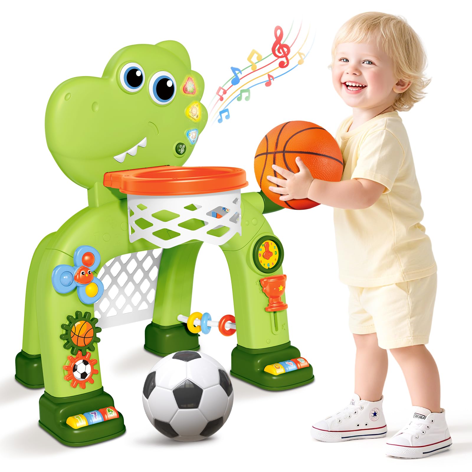 Photo 1 of AuroTops Toddler Basketball Hoop & Soccer Goal Toy,Dinosaur Toys with Light & Music,Musical Toys for 1 Year Old Boy Girl Learning Toy for Toddlers 1-3 Birthday Gifts for 1 Year Old Boys