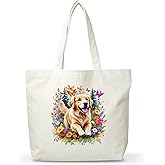 Women Golden Retriever Canvas Tote Bag, Funny Gifts For Dog Lovers, Reusable Grocery Folding Shopping Tote, Aesthetic Flower Shoulder Bag, Thanksgiving Christmas Gifts For Friends Colleagues -A07