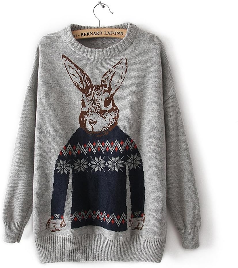 Vintage Grey Batwing Long Sleeve Rabbit Print Pullovers Sweater for Women