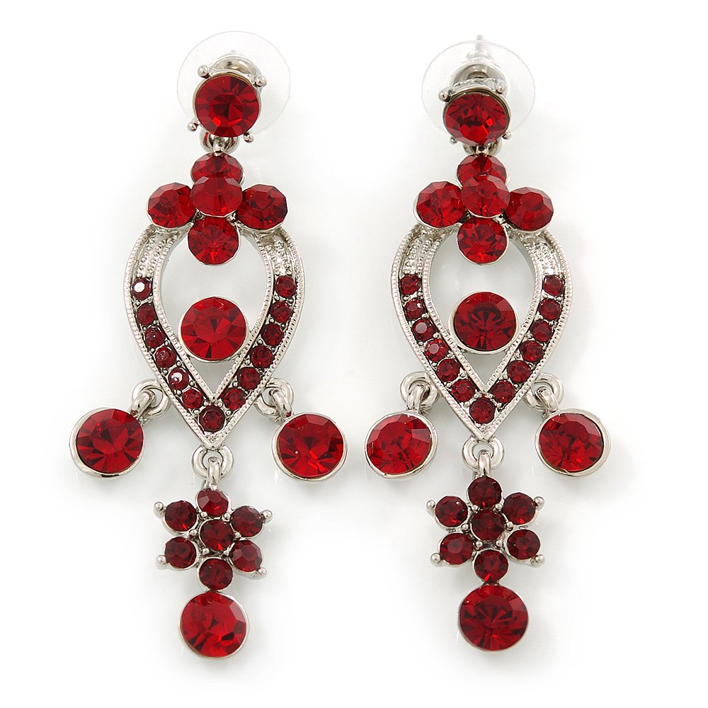 Ruby Red Crystal Chandelier Earrings/Rhodium Plating/ 60mm L