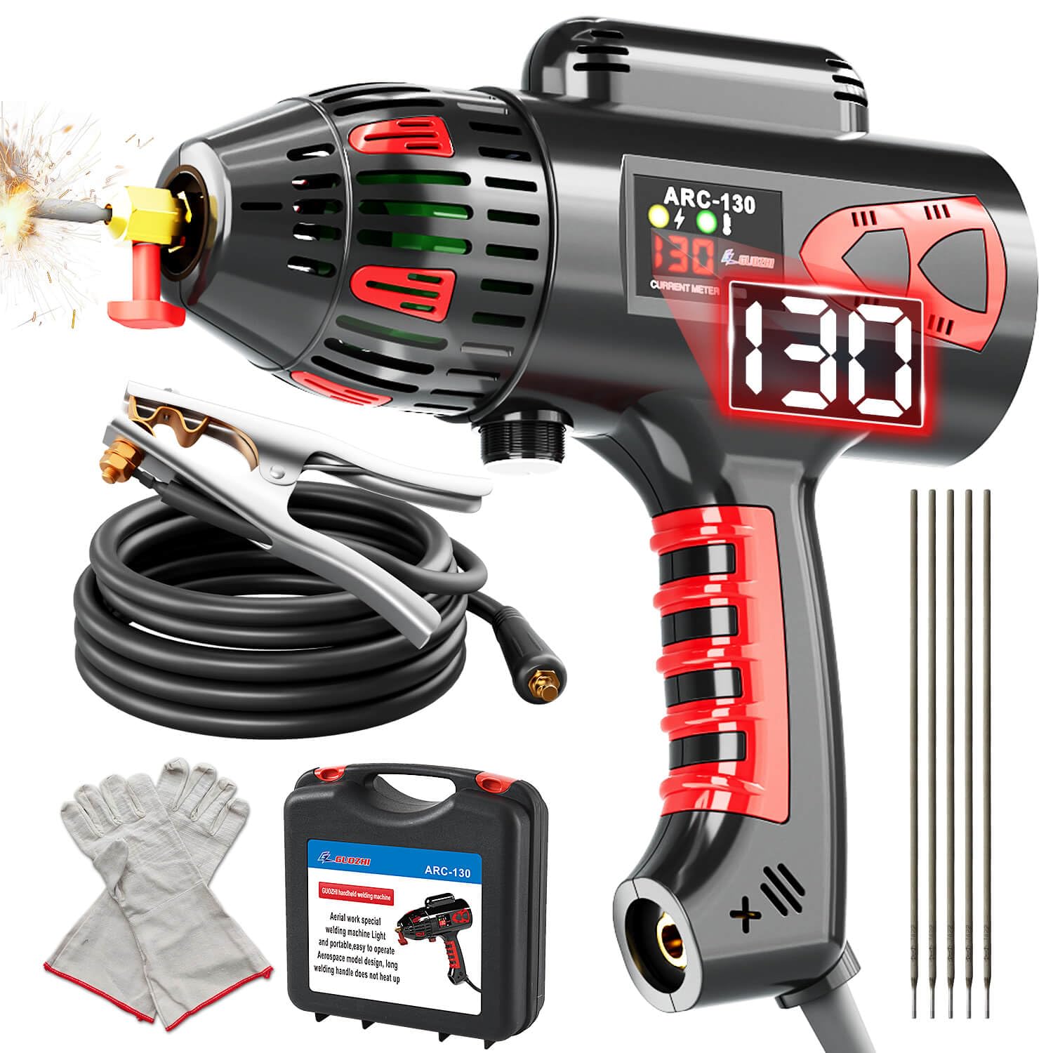 Photo 1 of ***used missing partsa***GZ GUOZHI Welding Machine Handheld, 110V 130Amp Portable ARC Welder Hand Held Welder Machine, Digital Display IGBT Inverter with Welding Tool Set and Toolbox