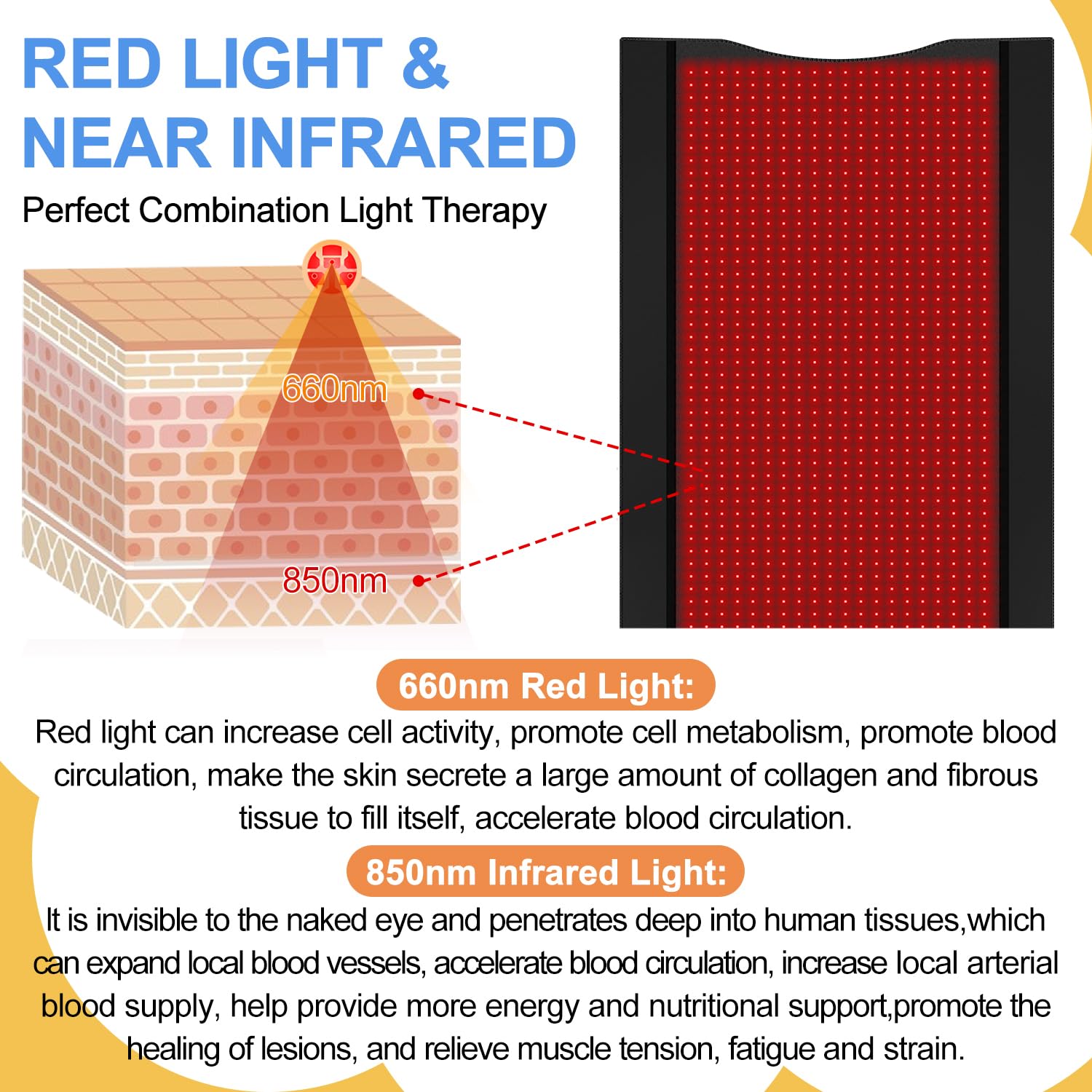 Kaoudt 2025 New Dual Wavelength LED Beads 660nm&850nm Red Light Therapy Mat Full Body Used to Relieve Pain 71''x 33''（Black）