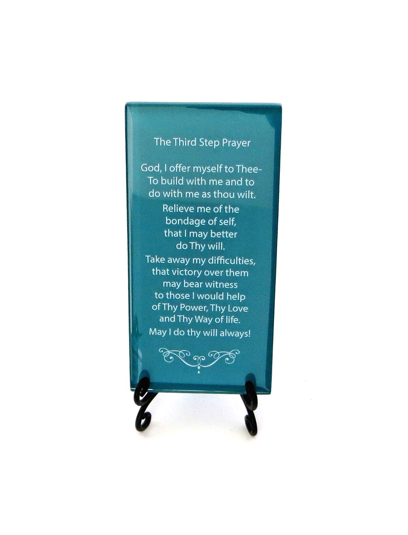 The Third Step Prayer Inspirational Glass Plaque. Beloved Prayer Provides Loving Support and Encouragement For Those In Recovery. Includes Folding Easel. By Lifeforce Glass. Dark Teal
