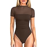 OQQ Women Short Sleeve Bodysuit Tummy Control Shapewear Mesh One Piece Leotard Shirts Going Out Tops