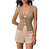 SHENHE Women's Ribbed Sleeveless Sweater Vest Gold Metal V Neck Dressy Going Out Knit Top