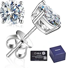 GRA Mens S925 Sterling Silver Moissanite Stud Earrings- 2.0CT D Color Lab Created Diamond 18K White Gold Plated Earring for Men Women
