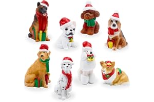 Hiawbon 8Pcs Chrismas Dog Figurines, Realistic Detailed Dog Figurines Playset, Resin Chrismas Dog Toys, Santa Hat Dog Toy for 3+ Years Old Christmas Decor Village Scene Cake Topper