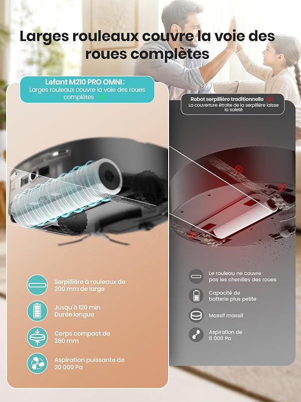 M210 Pro Omni 28cm Mini Rouleau Robot Aspirateur Laveur, 20000Pa